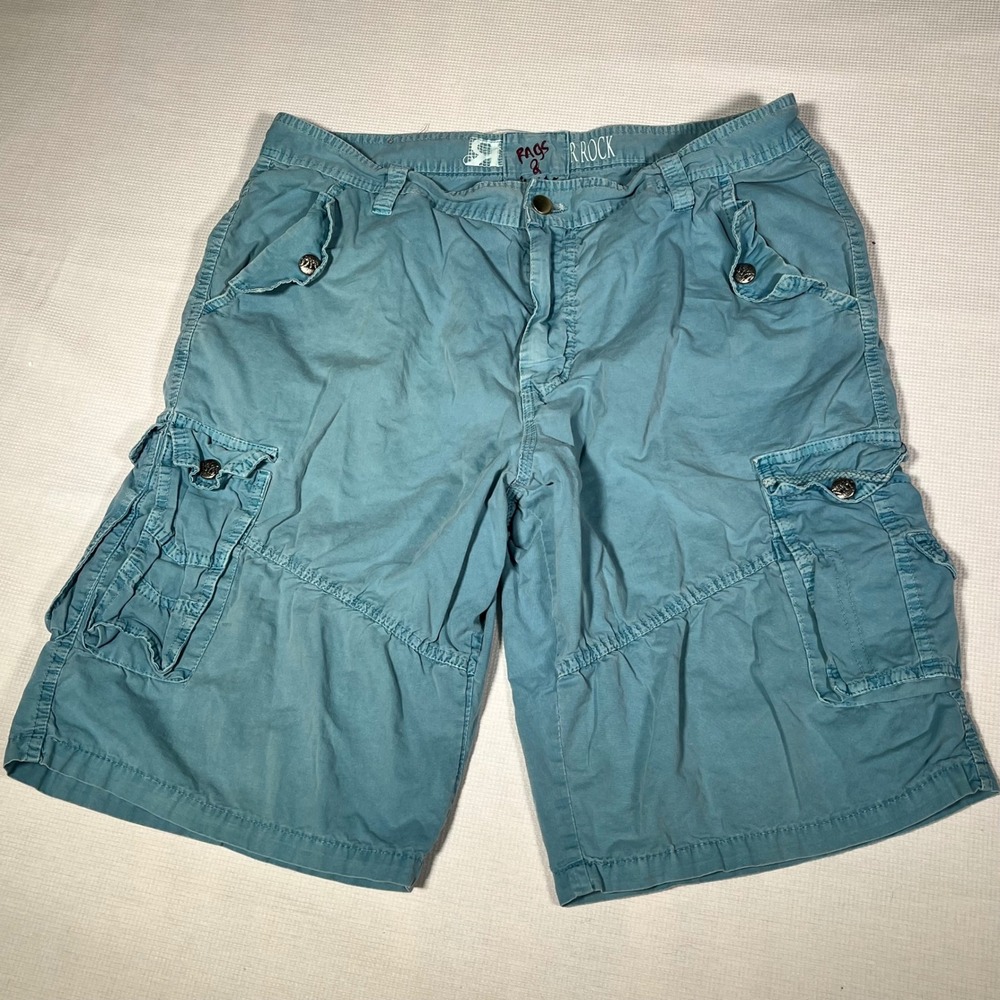 Rags & Rock Mens Cargo Shorts Teal Blue Cotton Baggy Multi Pocket Utility Sz 36